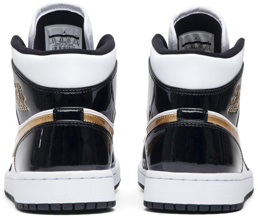 Jordan 1 Mid Patent Black White Gold