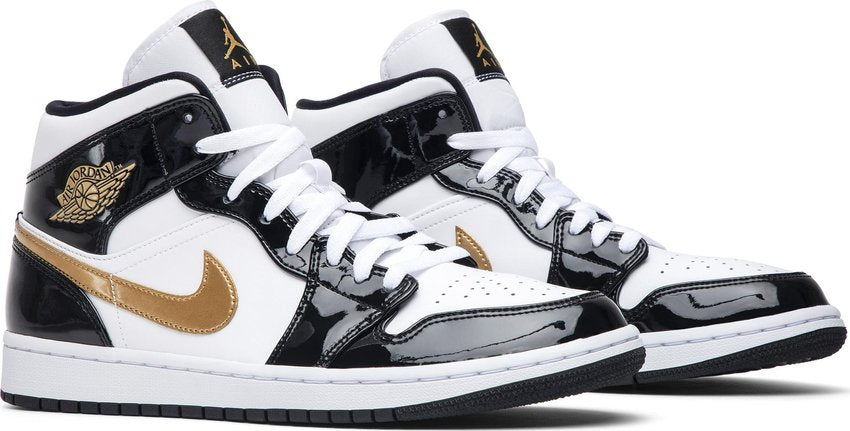Jordan 1 Mid Patent Black White Gold