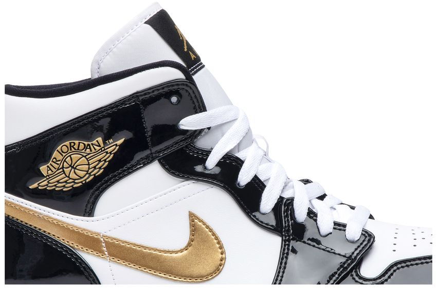 Jordan 1 Mid Patent Black White Gold