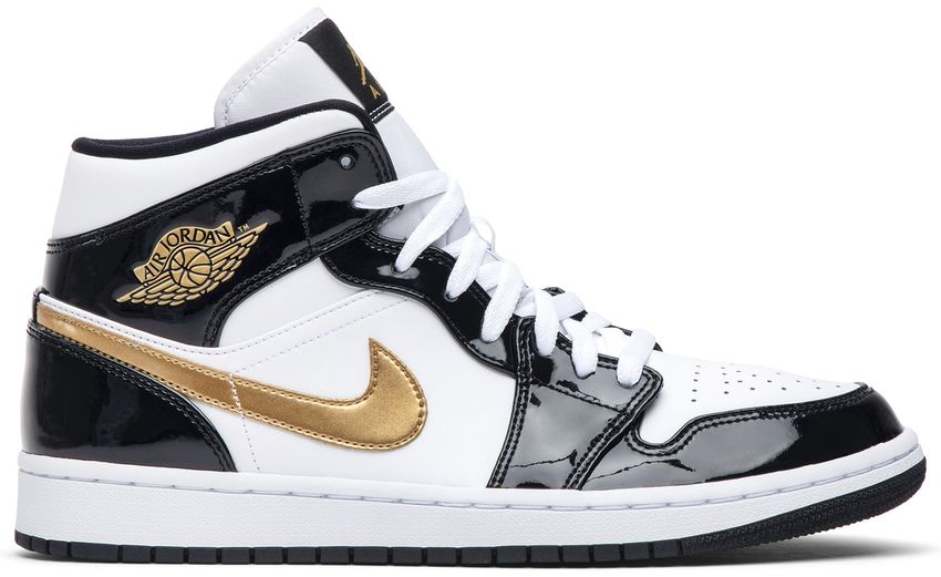 Jordan 1 Mid Patent Black White Gold
