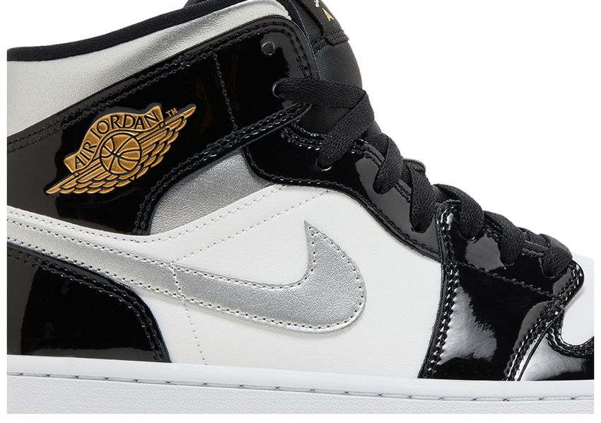 Jordan 1 Mid SE Patent Black White Metallic Silver Metallic Gold