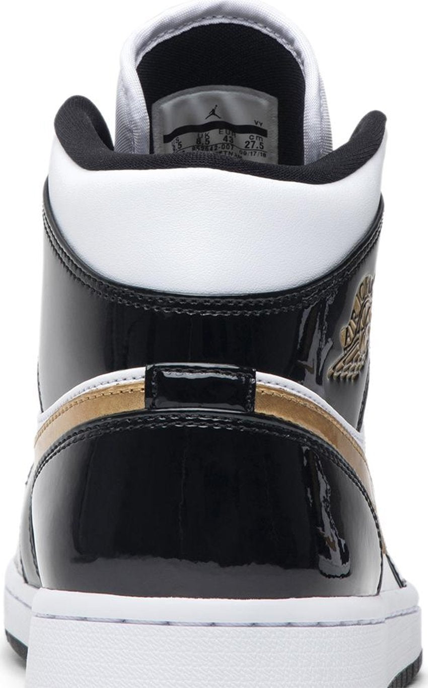 Jordan 1 Mid Patent Black White Gold