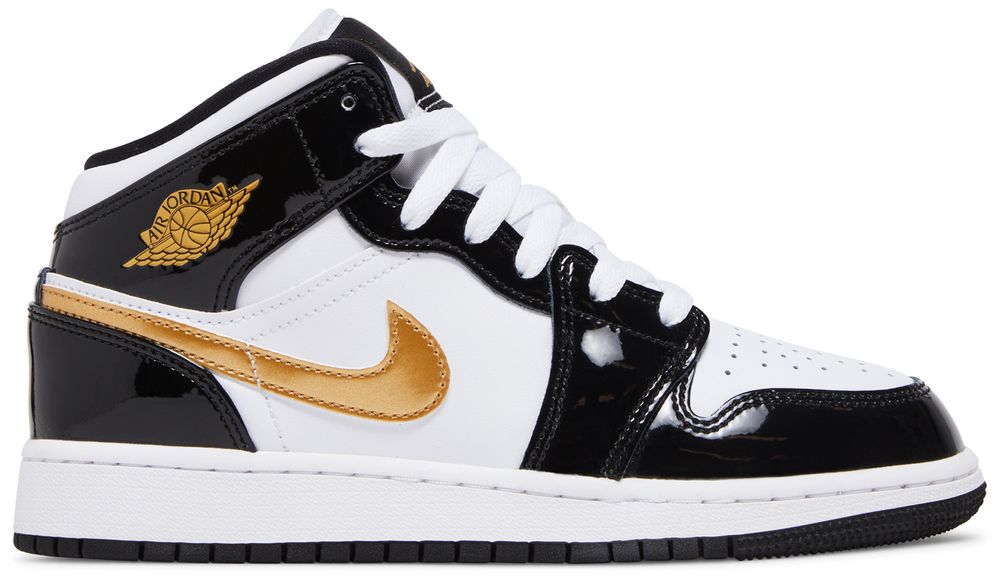 Jordan 1 Mid Patent Black White Gold (GS)